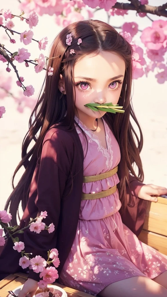 A beauty with pink eyes, with a piece of bamboo in your mouth, brown hair and pink dress, with flowers around.