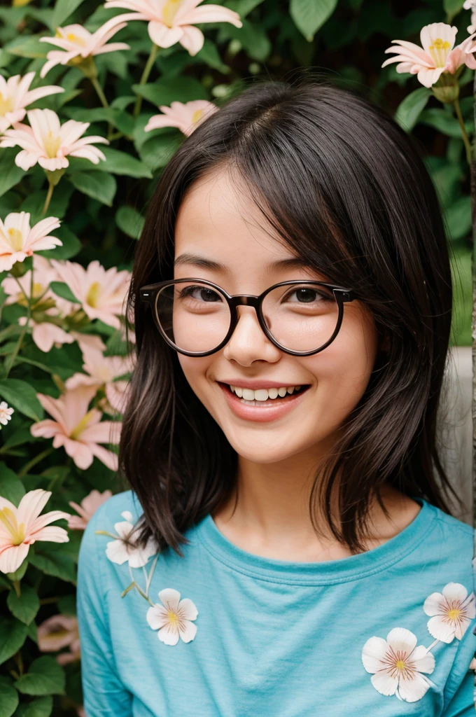 Girl with small eyes in the shade of glasses,Laugh happily,The back is surrounded by many flowers