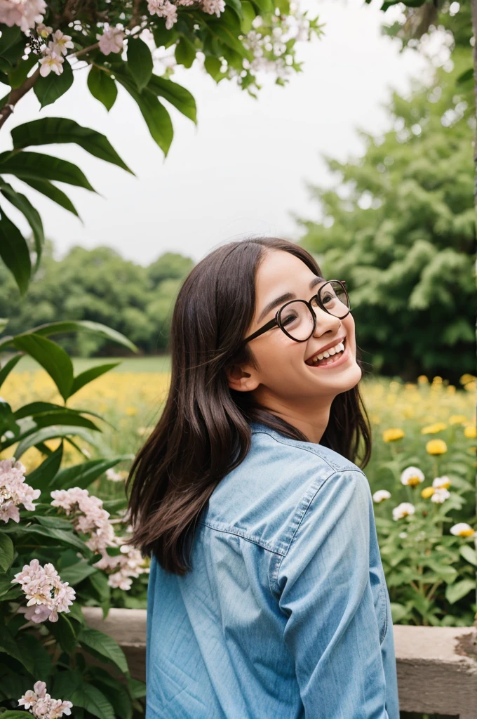 Girl with small eyes in the shade of glasses，Laugh happily，The back is surrounded by many flowers