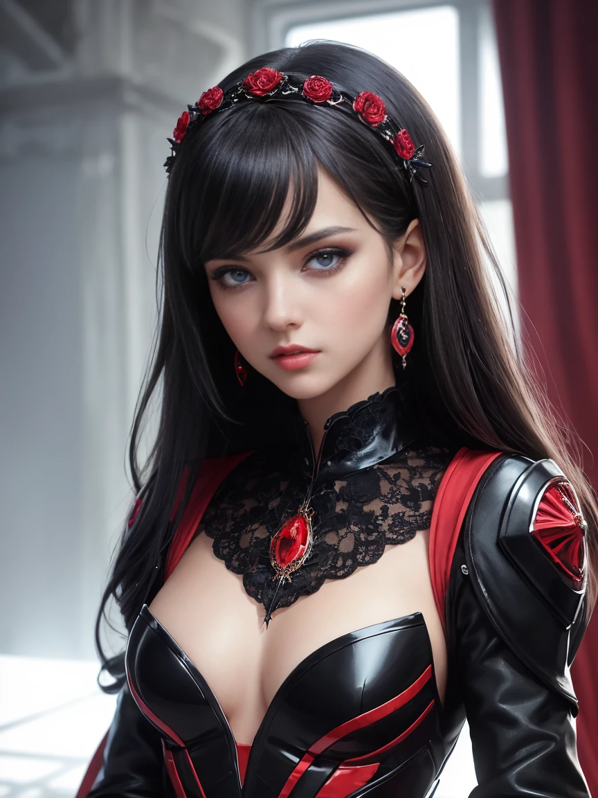 sci-fi poster, full body shot, A dark horizon with a single bright, bold light breaking through the darkness. , best quality, illustration,(beautiful detailed girl), (((masterpiece))), best quality, illustration,(beautiful detailed girl), beautiful detailed radiance, (beautiful detailed eyes), expressive, (:1,4), disheveled hair, long bangs, ,(black and red dress), black ribbon, empty look, flower, working in a greenhouse, (spaceship 1.6), sexy Gothic lolita, Mona Gen Impact, high detail, 1girl, small, , long hair, bright blue eyes, perfect appearance, perfect eyes realistic, flawless hair, bangs, makeup, earrings, necklace, decorations, (magic eyes), sparkling eyes, cold expression, aloof, Detailed face, High detail masterwork by Pascal Blanche Rutkowski, Repin Art station, Hyperrealistic painting, Concept ART of detailed character design, Matte painting, 4K resolution, Mysterious half-open chestr, Glamour, Medium make-up