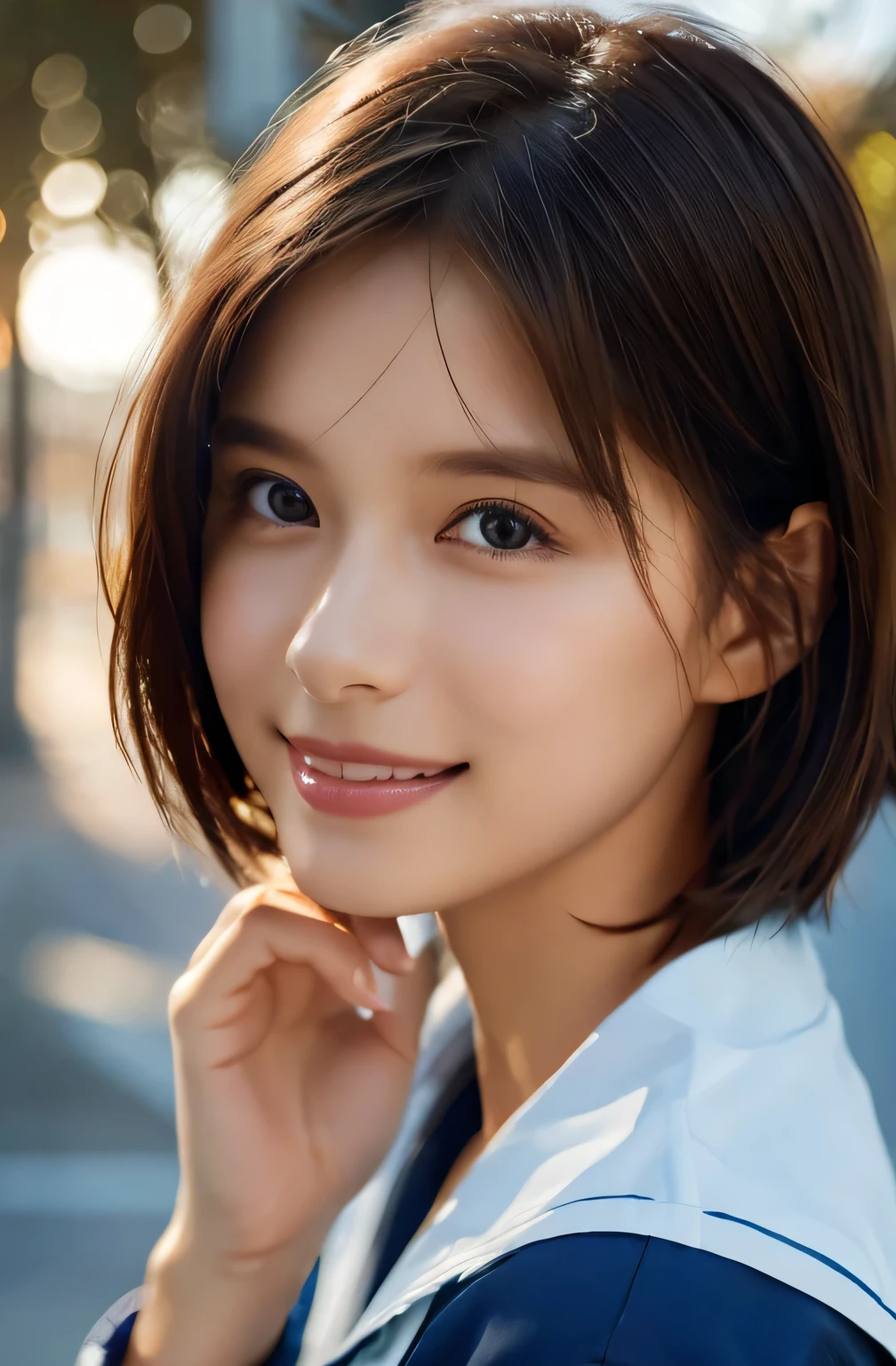 Highest quality, (Wind:1.3), One beautiful woman, sunlight, ((masterpiece, Highest quality, High resolution)), 1 Girl, smile, (Realistic: 1.4), Great face, 15 years old, short hair, (Beautiful Hair:1.5), Sailor suit, The background is the school building, Side angle, (Face close-up:1.3), Smooth, Highly detailed CG composite 8K wallpaper, High resolution RAW color photos, Professional photography, Light, BackLight, dream-like, impressive, Written boundary depth