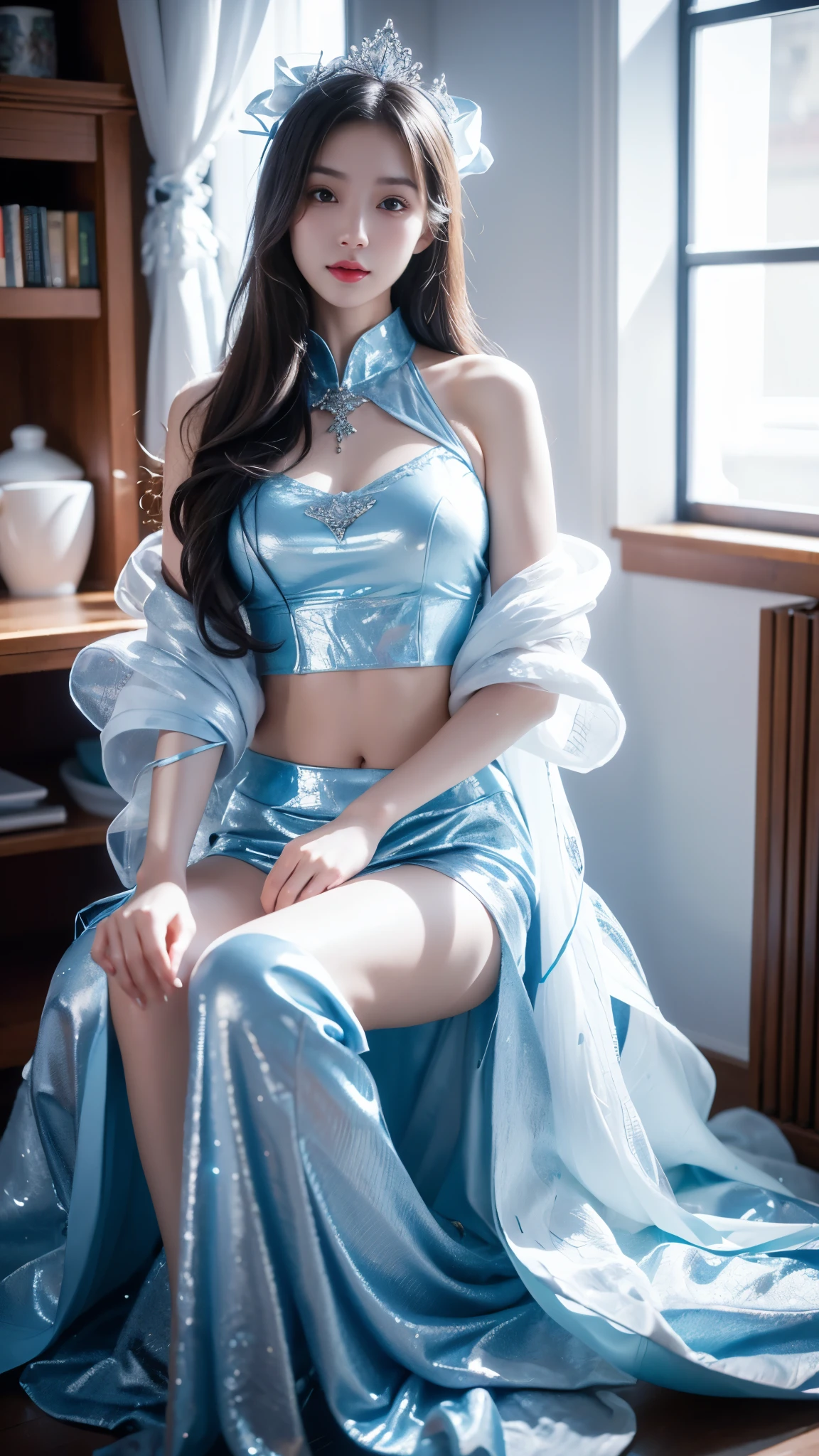 4K, UHD, masterpeice, 1 girl, good face, very long hair, ((white skin)), fairytale clothing, blue clothing, bare waist, fujicolor, depth of field, ray tracing, ultra realistic detailes, sitting,