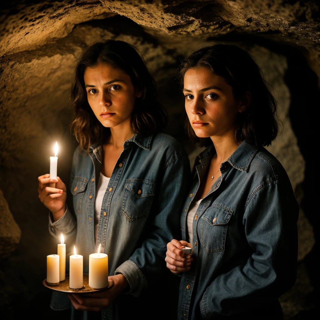 photograph of a woman, (troubled facial expression), textured skin, goosebumps, blonde afro hair, plaid flannel shirt with distressed boyfriend jeans, cowboy shot, dark and mysterious cave with unique rock formations and hidden wonders, perfect eyes, (candlelight,chiaroscuro), Porta 160 color, shot on ARRI ALEXA 65, bokeh, sharp focus on subject, shot by Don McCullin