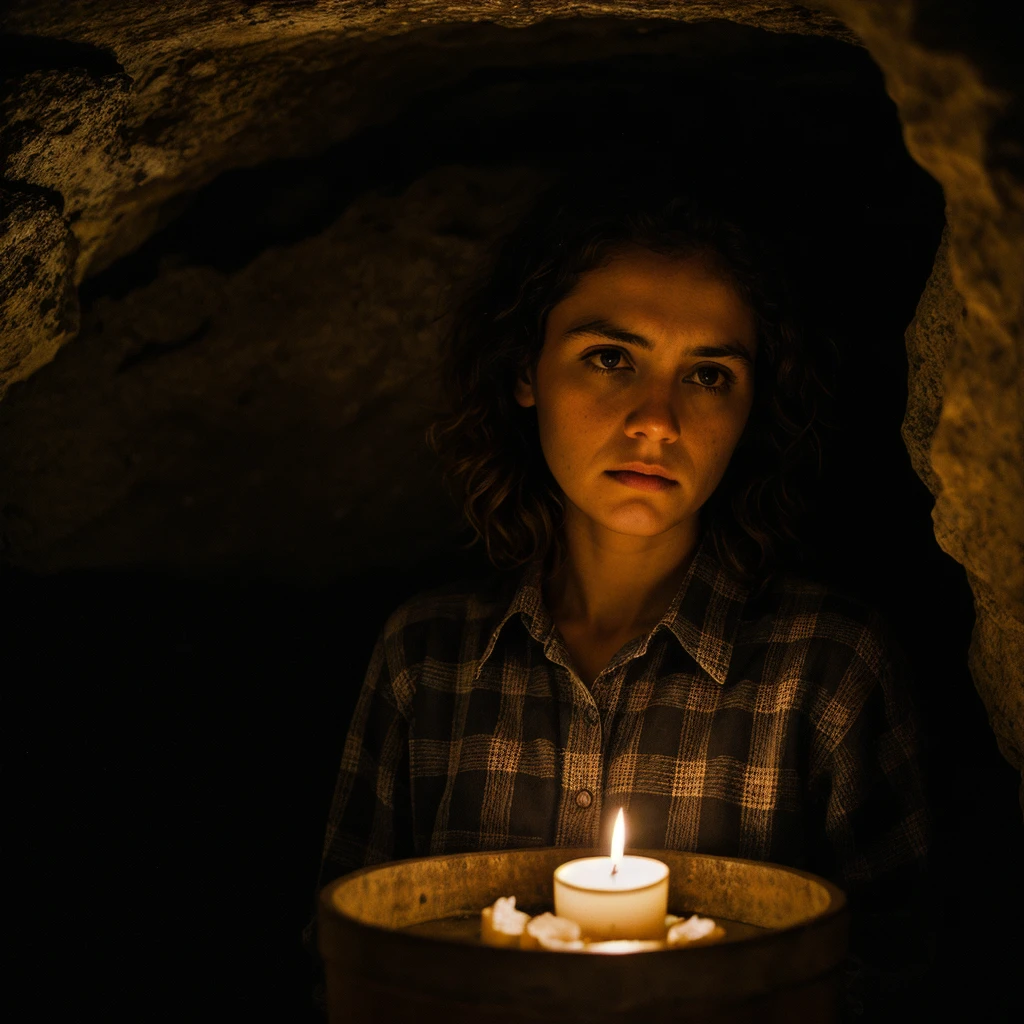 photograph of a woman, (troubled facial expression), textured skin, goosebumps, blonde afro hair, plaid flannel shirt with distressed boyfriend jeans, cowboy shot, dark and mysterious cave with unique rock formations and hidden wonders, perfect eyes, (candlelight,chiaroscuro), Porta 160 color, shot on ARRI ALEXA 65, bokeh, sharp focus on subject, shot by Don McCullin