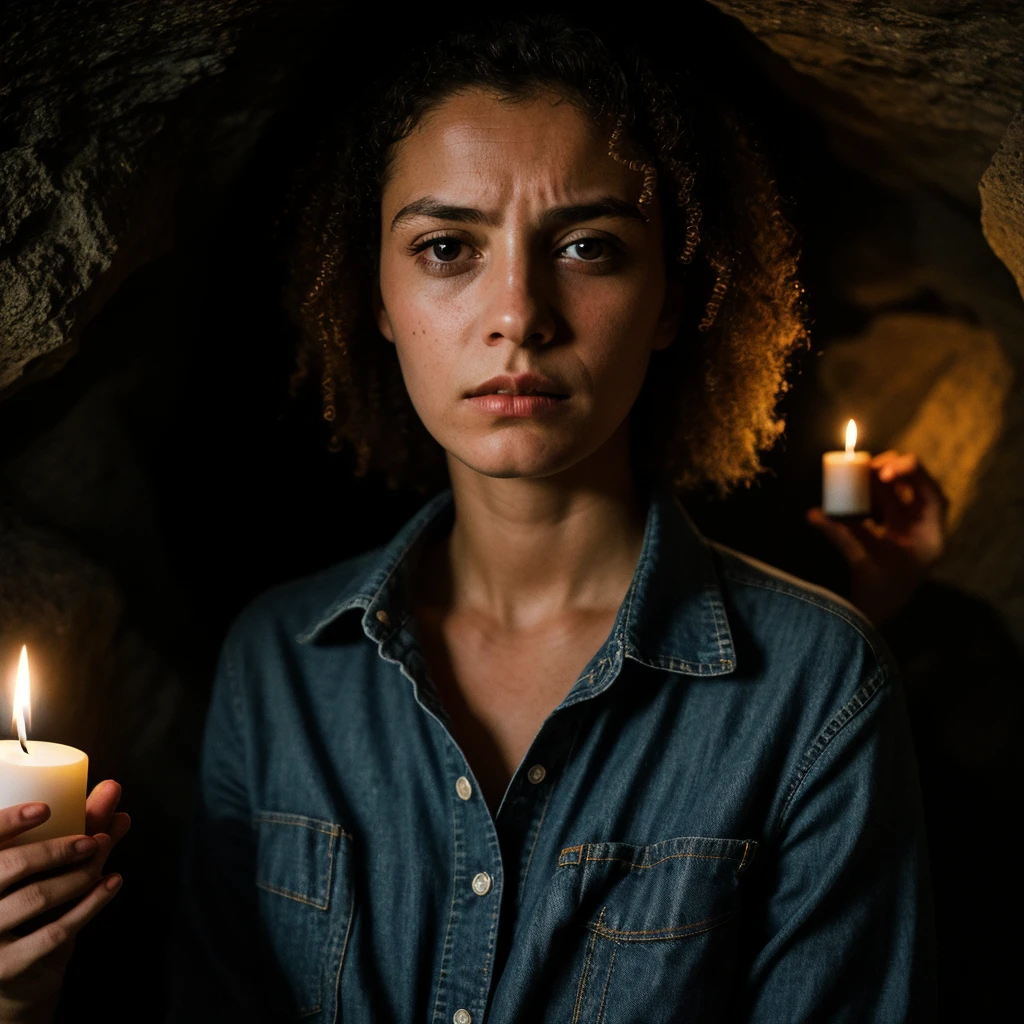 photograph of a woman, (troubled facial expression), textured skin, goosebumps, blonde afro hair, plaid flannel shirt with distressed boyfriend jeans, cowboy shot, dark and mysterious cave with unique rock formations and hidden wonders, perfect eyes, (candlelight,chiaroscuro), Porta 160 color, shot on ARRI ALEXA 65, bokeh, sharp focus on subject, shot by Don McCullin