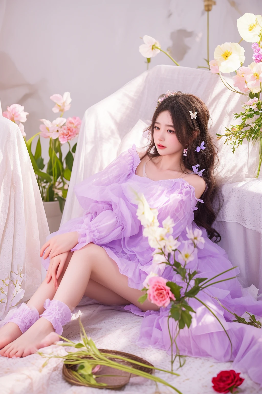 there is a woman sitting on a bed with flowers in her hair, trending on cgstation, sakimichan, ethereal and dreamy, fairycore, dreamy and ethereal, dreamy aesthetic, aesthetic cute with flutter, lilac, fantasy aesthetic!, a stunning young ethereal figure, ethereal fantasy, lovely languid princess, trending at cgstation, belle delphine