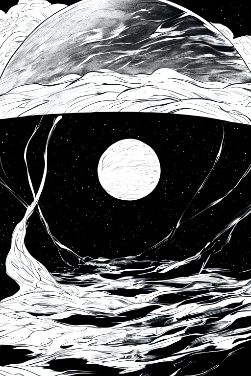 Alien air currents and black lakes, Cloud band entanglement,Black sky,White and black (high quality)Copperplate engraving art,Excellent composition golden ratio,Award-winning works
