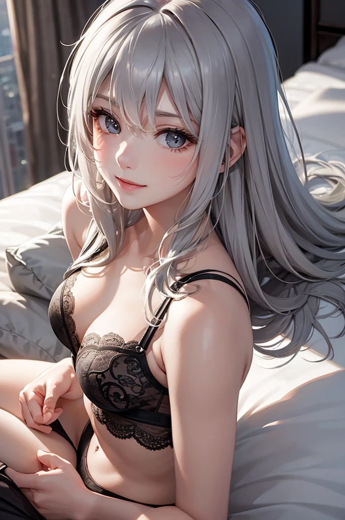 Best Quality,High resolution,8K,finelity detailed background,Masterpiece:1.2),beautiful girl,Glossy romance gray hair,asymmetrical hair,Gray eyes,Gentle look,A refreshing look,Best quality,Best Quality,Aesthetic and aesthetic:1.2,Best details((Super detailed))(High-definition CG illustrations),Grey underwear (gray,intricate lace),Slender body,moon,Late Night,Bedroom,On the bed,smile,blush,cute,Scrounge,Looking up,Being spoiled,super model,shoot from above