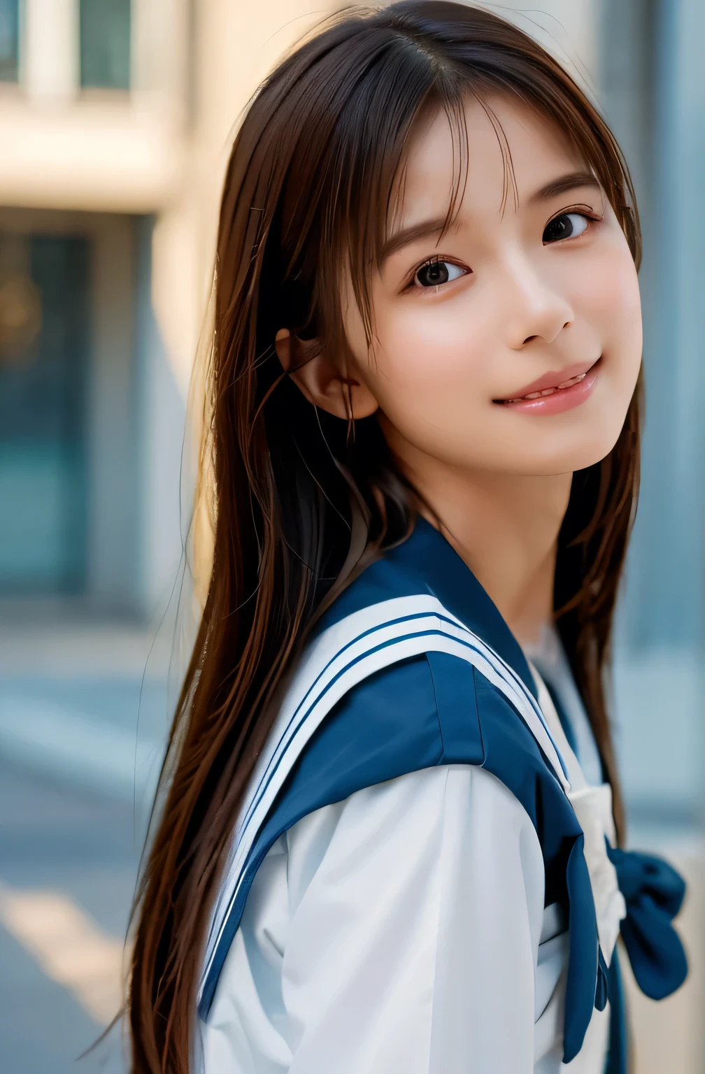 Top quality, 1 beautiful woman, Sunlight, ((masterpiece, Highest quality, High resolution)), (look back:1.3), 1 girl, smile, (Realistic: 1.4), Great face, 15 years old, Medium Hair, (Beautiful Hair:1.5), Sailor suit, The background is a school building, Side angle, (Close-up of face:1.3), Smooth, Highly detailed CG composite 8K wallpaper, High resolution RAW color photos, Professional photography, Light, BackLight, dream-like, impressive, Written boundary depth