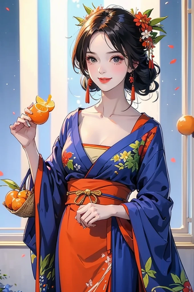 A beautiful smiling woman in a kimono holding a lot of oranges in both hands under the blue sky