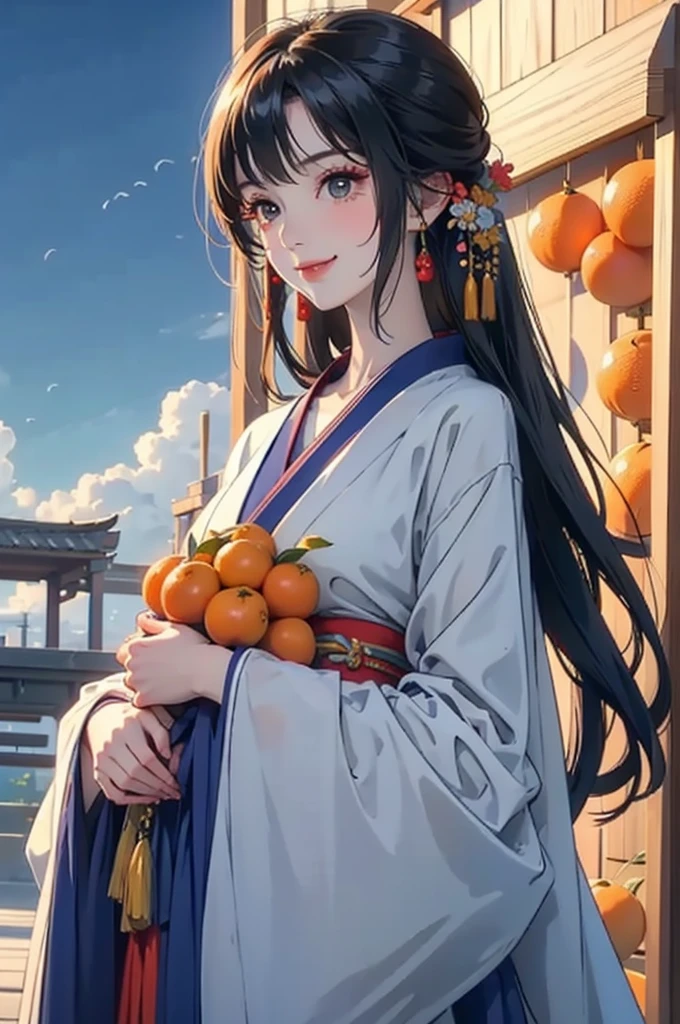 A beautiful smiling woman in a kimono holding a lot of oranges in both hands under the blue sky