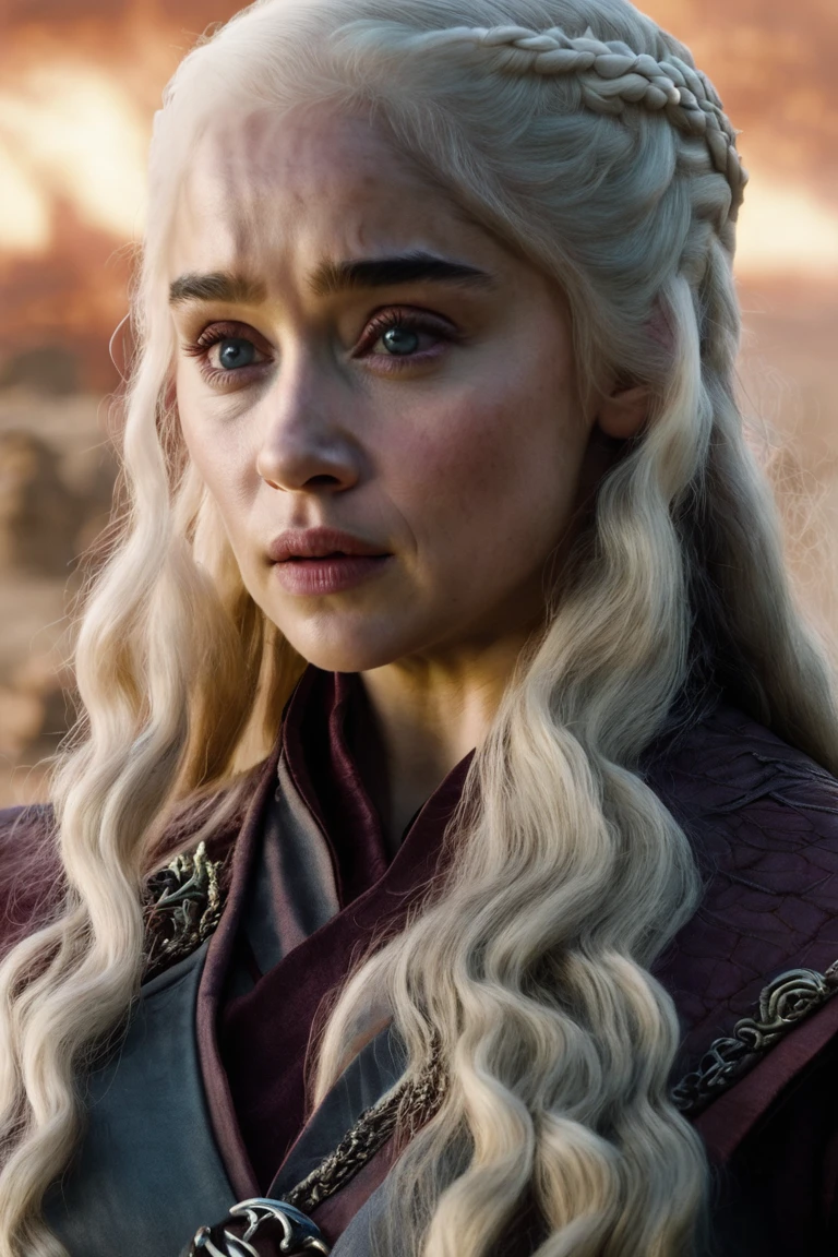 Daenerys Targaryen, Long white hair, It's inside a dark castle, Her dress is black with red details and is open on the chest., She also has large breasts that stand out