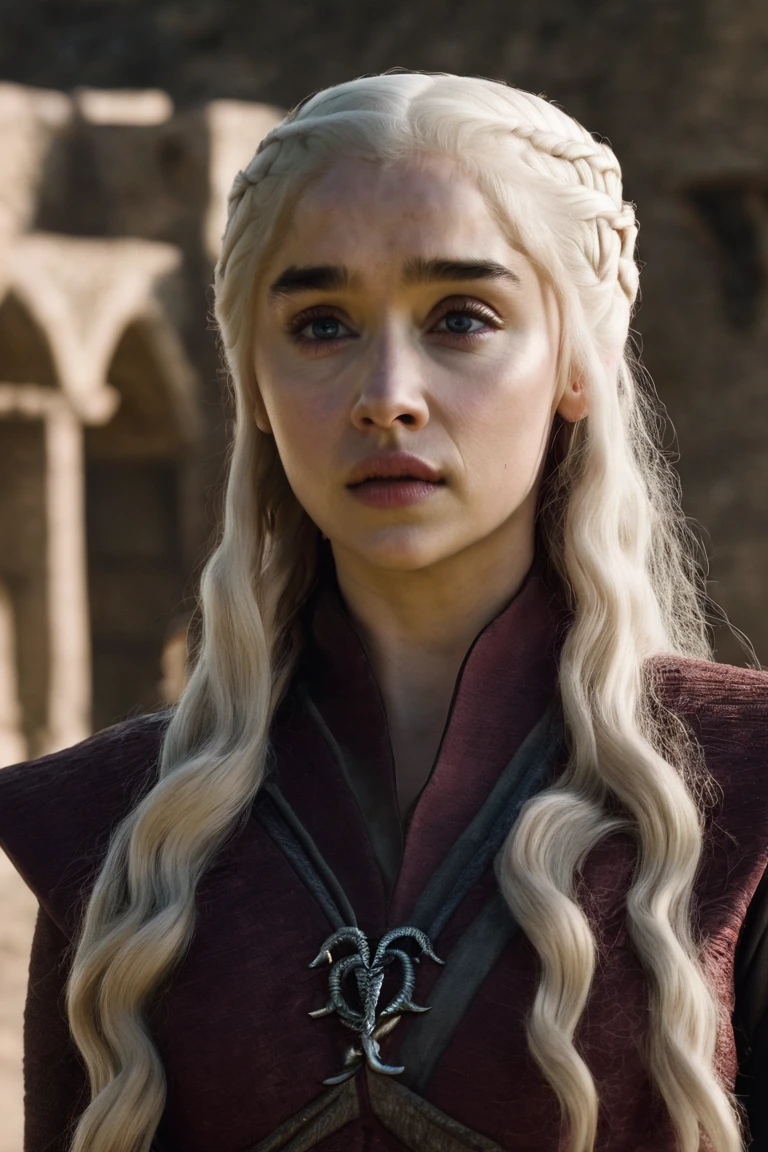 Daenerys Targaryen, Long white hair, It's inside a dark castle, Her dress is black with red details and is open on the chest., She also has large breasts that stand out