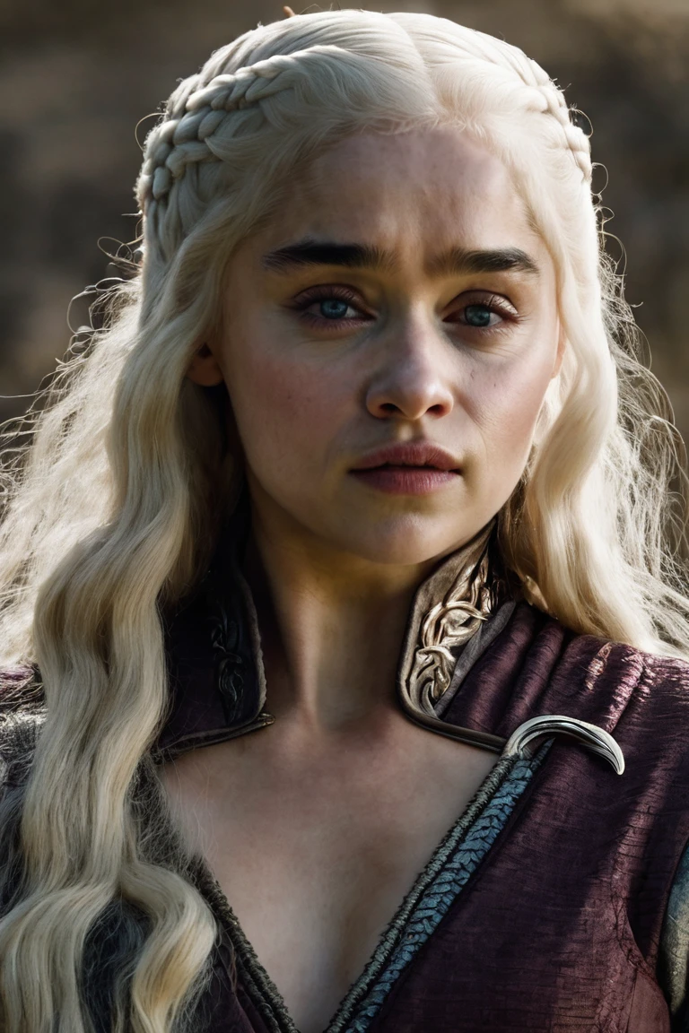 Daenerys Targaryen, Long white hair, It&#39;s inside a dark castle, Her dress is black with red details and is open on the chest., She also has large breasts that stand out 