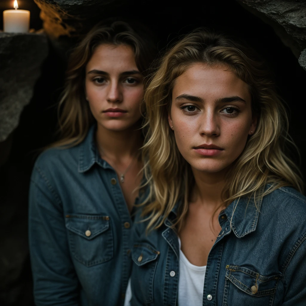 photograph of a woman, (troubled facial expression), textured skin, goosebumps, blonde afro hair, plaid flannel shirt with distressed boyfriend jeans, cowboy shot, dark and mysterious cave with unique rock formations and hidden wonders, perfect eyes, (candlelight,chiaroscuro), Porta 160 color, shot on ARRI ALEXA 65, bokeh, sharp focus on subject, shot by Don McCullin