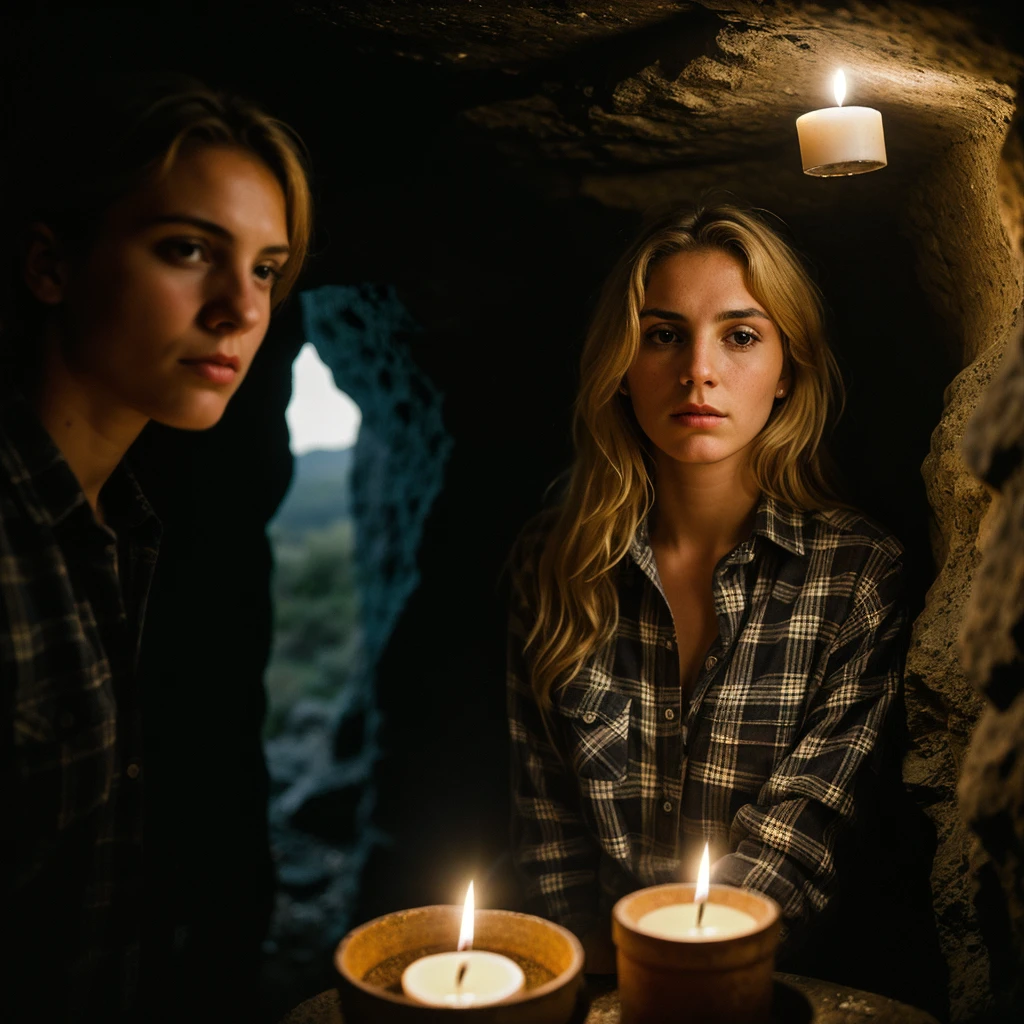 photograph of a woman, (troubled facial expression), textured skin, goosebumps, blonde afro hair, plaid flannel shirt with distressed boyfriend jeans, cowboy shot, dark and mysterious cave with unique rock formations and hidden wonders, perfect eyes, (candlelight,chiaroscuro), Porta 160 color, shot on ARRI ALEXA 65, bokeh, sharp focus on subject, shot by Don McCullin