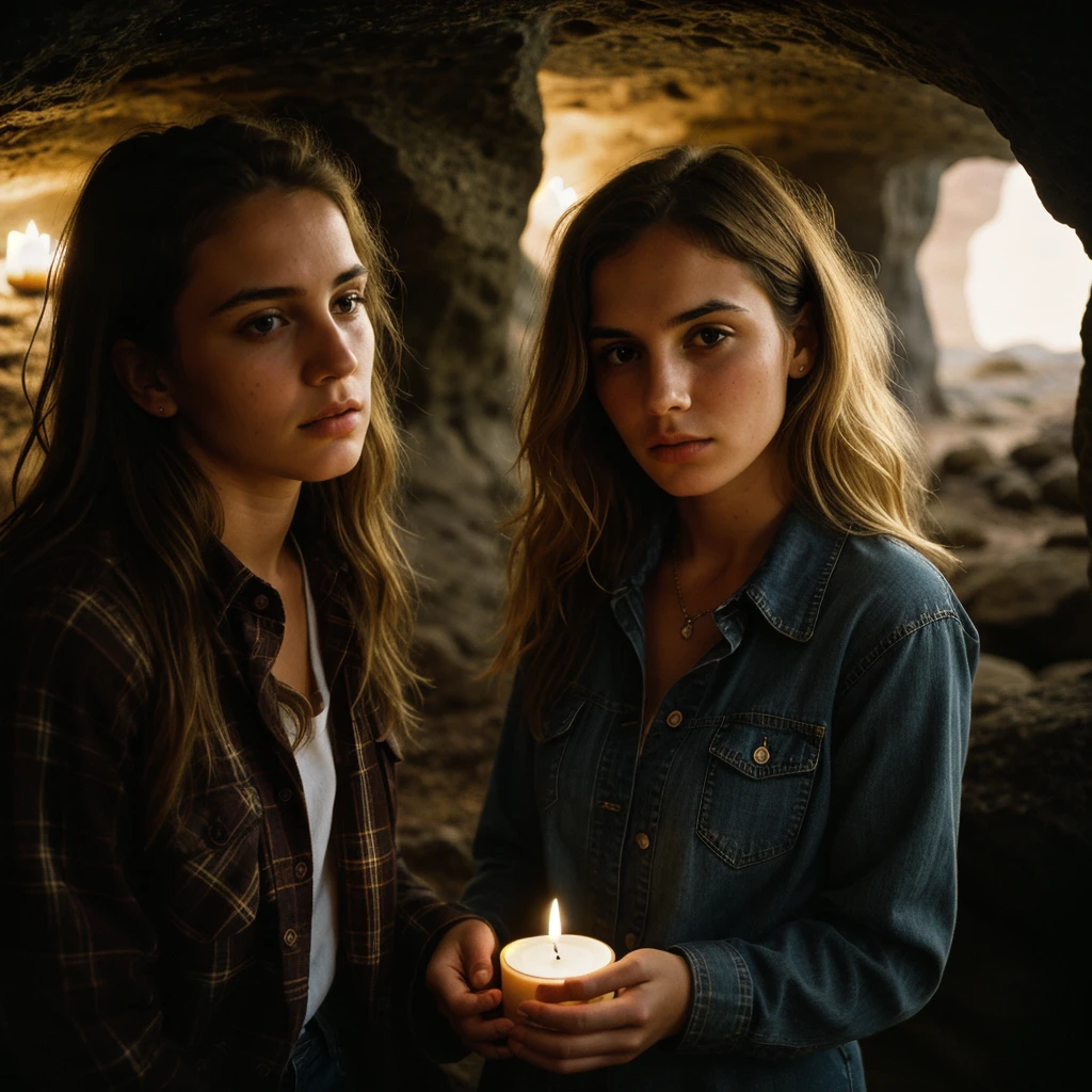 photograph of a woman, (troubled facial expression), textured skin, goosebumps, blonde afro hair, plaid flannel shirt with distressed boyfriend jeans, cowboy shot, dark and mysterious cave with unique rock formations and hidden wonders, perfect eyes, (candlelight,chiaroscuro), Porta 160 color, shot on ARRI ALEXA 65, bokeh, sharp focus on subject, shot by Don McCullin