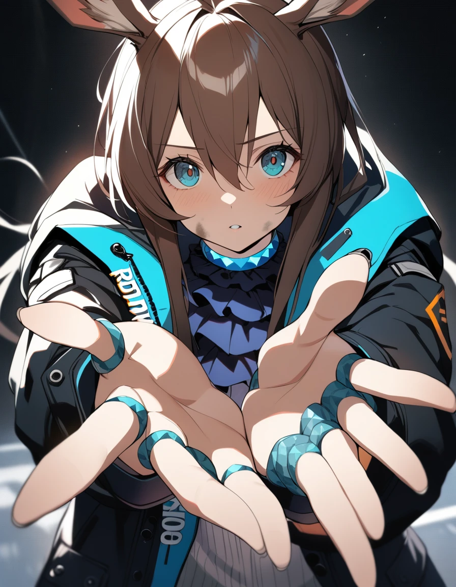 1girl, amiya \(arknights\), arknights, dirty face, outstretched hand, close-up, cinematic angle, foreshortening, dark, dark background, masterpiece, best quality