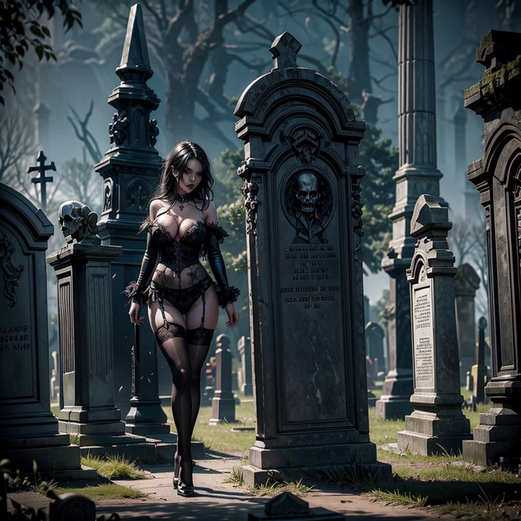 An undead ???? and hot girl in stockings in the foreground emerges from the ground of a gothic cemetery tombstone, in the background other tombstones with sinister and demonic figures