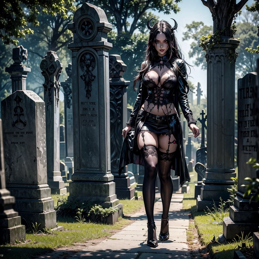 An undead sexy and hot girl in stockings in the foreground emerges from the ground of a gothic cemetery tombstone, in the background other tombstones with sinister and demonic figures