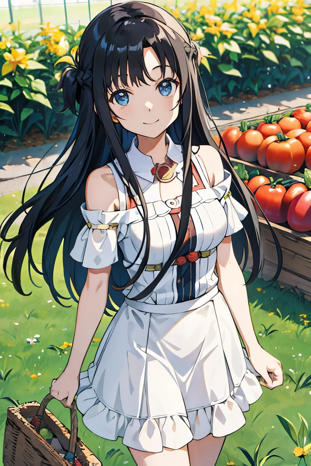 Shoulder-length hair Black Hair home garden Have vegetables Anime Style smile Farms in the background Summery outfit