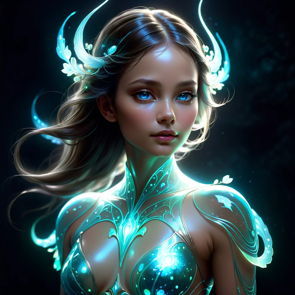 a charming anthropomorphic strong bioluminescent full bodygirl, translucent skin, strong glowing bioluminescent details, ethereal atmospheric lighting, dramatic chiaroscuro lighting, rich color palette, dreamlike fantasy, digital painting, hyperrealistic, 8k, high quality, intricate details, masterpiece, Nicola Samori