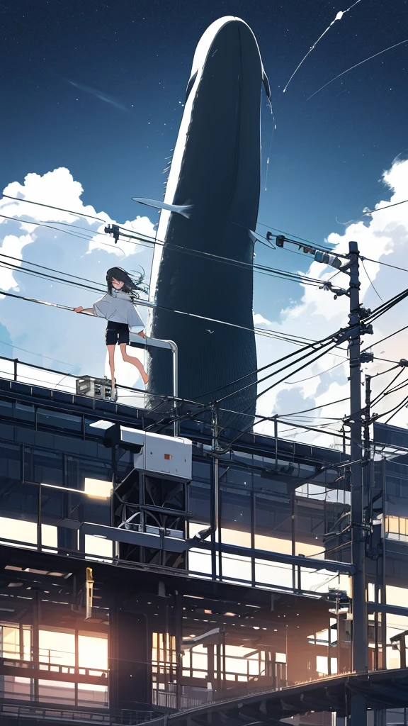 monochrome color、masterpiece, Exquisite detail,Highest quality, One girl, alone, handrail, cloud, Looking up at the buildings,Long Hair, NULL, Long sleeve, Power lines, White footwear, Black Hair, View your viewers, Electric pole, bangs, cloudy NULL, fish, bird, Green Eyes, Shorts, Day, Black Shirt, barefoot,Whale flying in the sky,Giant whale,night,star,milky way,night,Pitch black,Buildings,Sitting