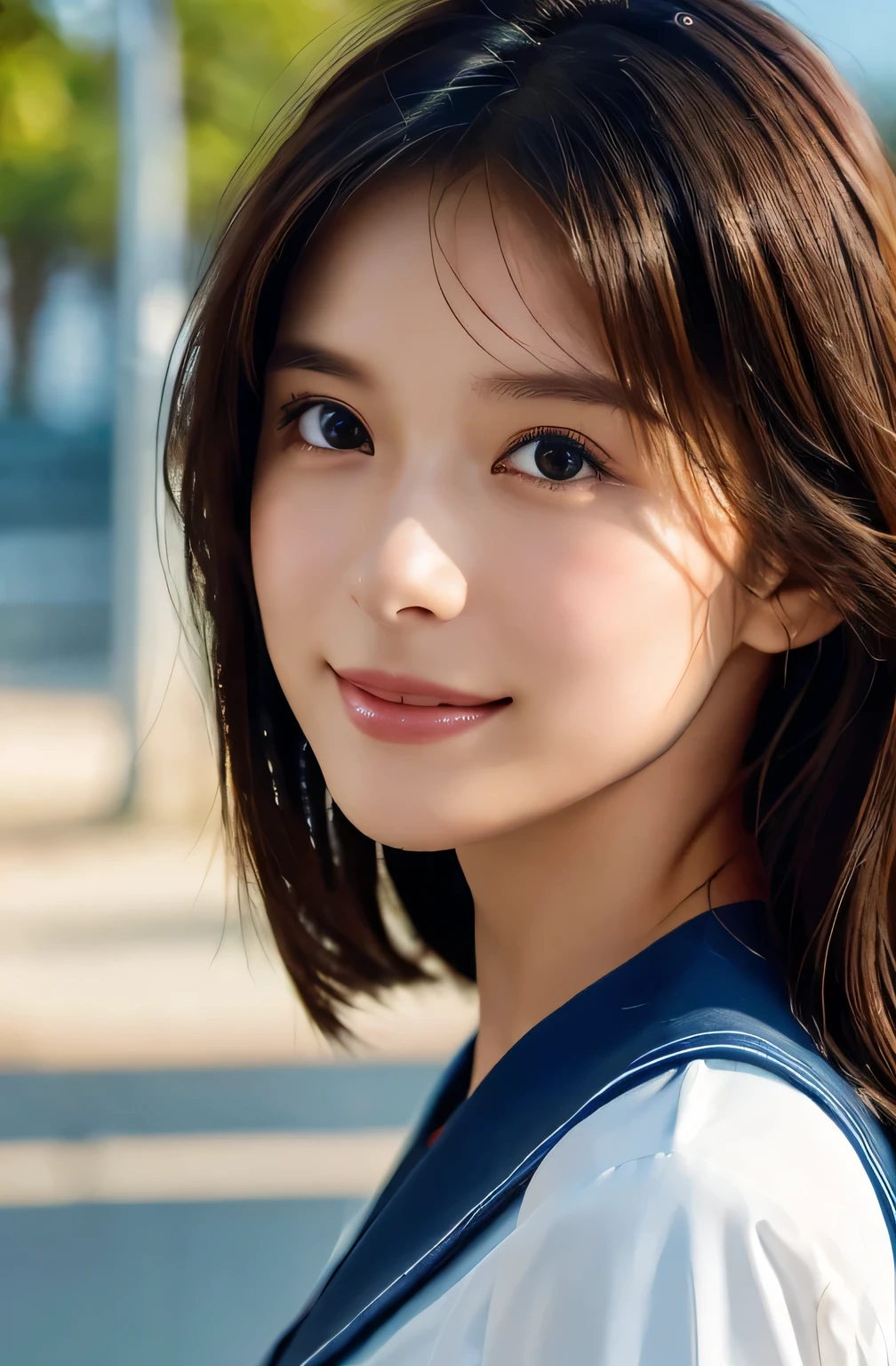 Top quality, 1 beautiful woman, Sunlight, ((masterpiece, Highest quality, High resolution)), (look back:1.3), 1 girl, smile, (Realistic: 1.4), Great face, , Medium Hair, (Beautiful Hair:1.5), Sailor suit, The background is a school building, Side angle, (Close-up of face:1.3), Smooth, Highly detailed CG composite 8K wallpaper, High resolution RAW color photos, Professional photography, Light, BackLight, dream-like, impressive, Written boundary depth