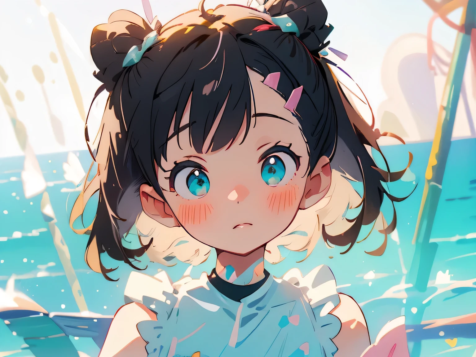 (masterpiece), (best quality), ultra high res, sharp focus, warm pastel tone, ((1 girl, solo)), upper body, side profile shot beautiful detailed hair, ((black hair)), (2 pink ribowns on the hair), beautiful detailed face, ((beautiful shape eyes, Turquoise eyes)), perfect feminine face, head up, looks up, surprise face, ((blush)), (marnie pokemon), (ponytails), ((assymmetrical bangs)), ((summer)), ((beach)), (marnie), (blushing), (summer dress), (light dress), (sleeveless dress)