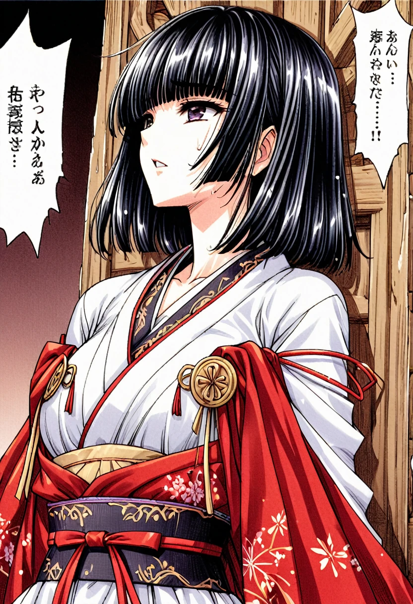 A beautiful -yeld prant princess from the Sengoku period with long black hair　Gorgeous embroidery, Ultra glossy, She is wearing a shiny red long-sleeved floral layered kimono.... Red kimono jacket　She is forced to embrace an old man in front of her lover.　Intense foreplay　Fluid spurting from her nipples　The old man licks her breasts