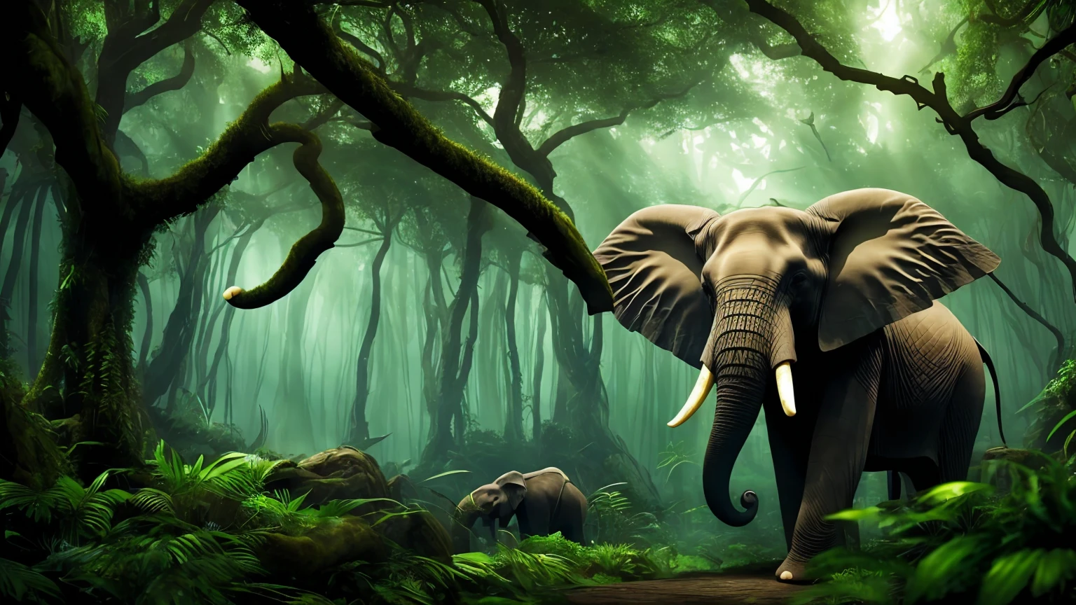 Create a high-resolution, stunning image of a snake with the head of an elephant. The creature should be visually striking, with the body of the snake showcasing intricate scales and patterns, while the elephant head features detailed textures of the skin and tusks. The setting should enhance the mythical and awe-inspiring nature of the creature, perhaps in a mystical forest or an ancient, enchanted jungle. Pay attention to lighting and shadows to highlight the unique feature