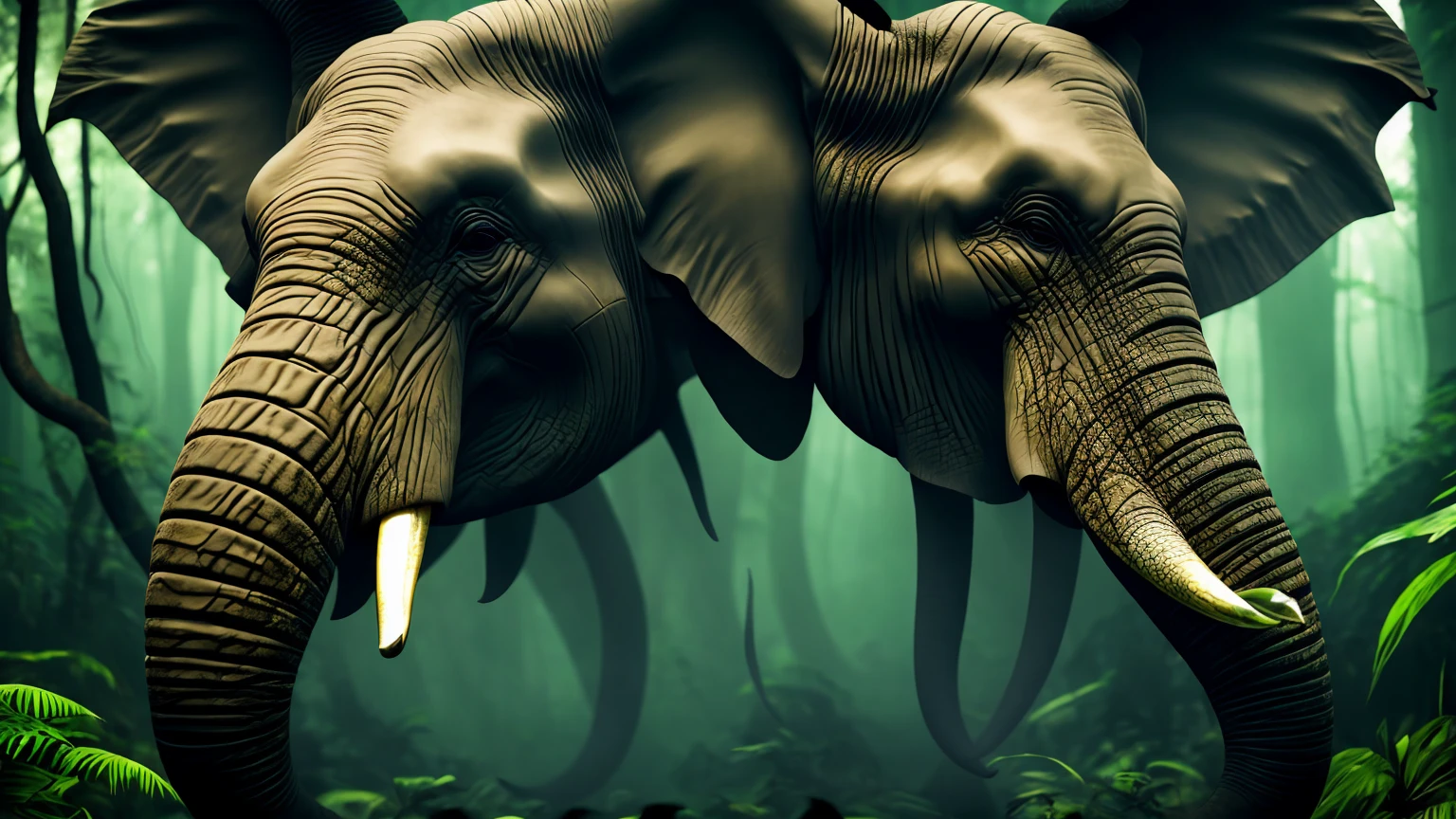 Create a high-resolution, stunning image of a snake with the head of an elephant. The creature should be visually striking, with the body of the snake showcasing intricate scales and patterns, while the elephant head features detailed textures of the skin and tusks. The setting should enhance the mythical and awe-inspiring nature of the creature, perhaps in a mystical forest or an ancient, enchanted jungle. Pay attention to lighting and shadows to highlight the unique feature