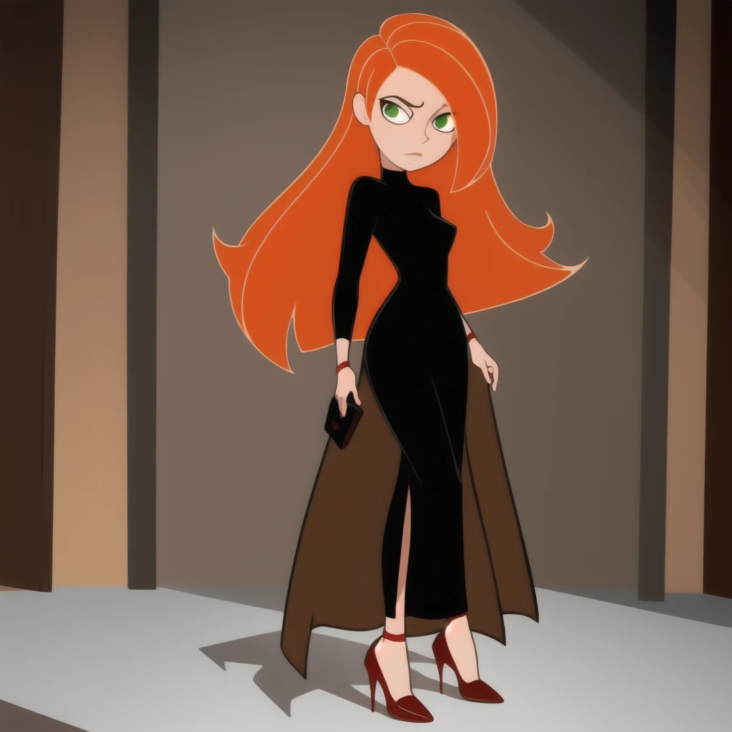 Best_QualityPos, RAW photo, intricate details, best quality, 8k uhd, soft lighting, 1girl, solo, green eyes, orange hair, long hair, black dress, long dress, high heels, kim possible