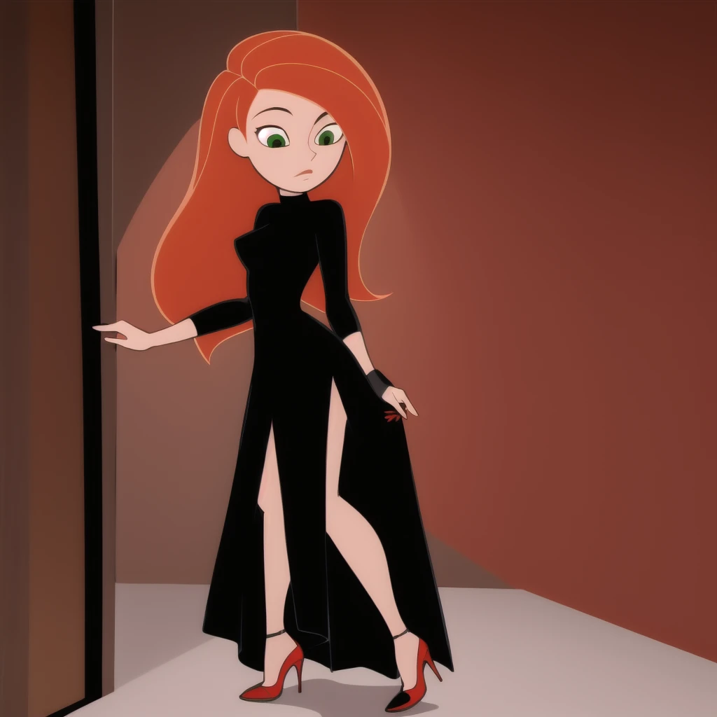 Best_QualityPos, RAW photo, intricate details, best quality, 8k uhd, soft lighting, 1girl, solo, green eyes, orange hair, long hair, black dress, long dress, high heels, kim possible