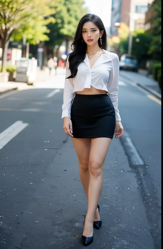 (masterpiece:1.3), (8 thousand, realistic, RAW photos, best quality: 1.4), (1 woman),(short skirt), (shirt), (suit), (양쪽 다리에 짙은색 realistic 팬티 스타킹), (Stockings on both legs), (Wearing high heels on both feet), (full body shot), (outdoors in sunny weather), (walking like a model), (Beautiful makeover), (very beautiful body) , (Realistic and very beautiful face), (long eyelashes), (double eyelid), (Very beautiful eyes, realistic and delicate), (big bust) , (Strong body through exercise), (beautiful abs), (Beautiful heaps), (tall), (black hair. parted, long hair:1.3), (아름다운 parted스타일), (realistic and beautiful skin), (absurd), (attractive), (ultra high resolution), (extremely realistic), (very detailed), (golden ratio), (Two long, realistic and beautiful legs), (realistic 팔), (necklace), (earring),(beautiful nails manicure), (So beautiful and sexy), (perfect secretary look)