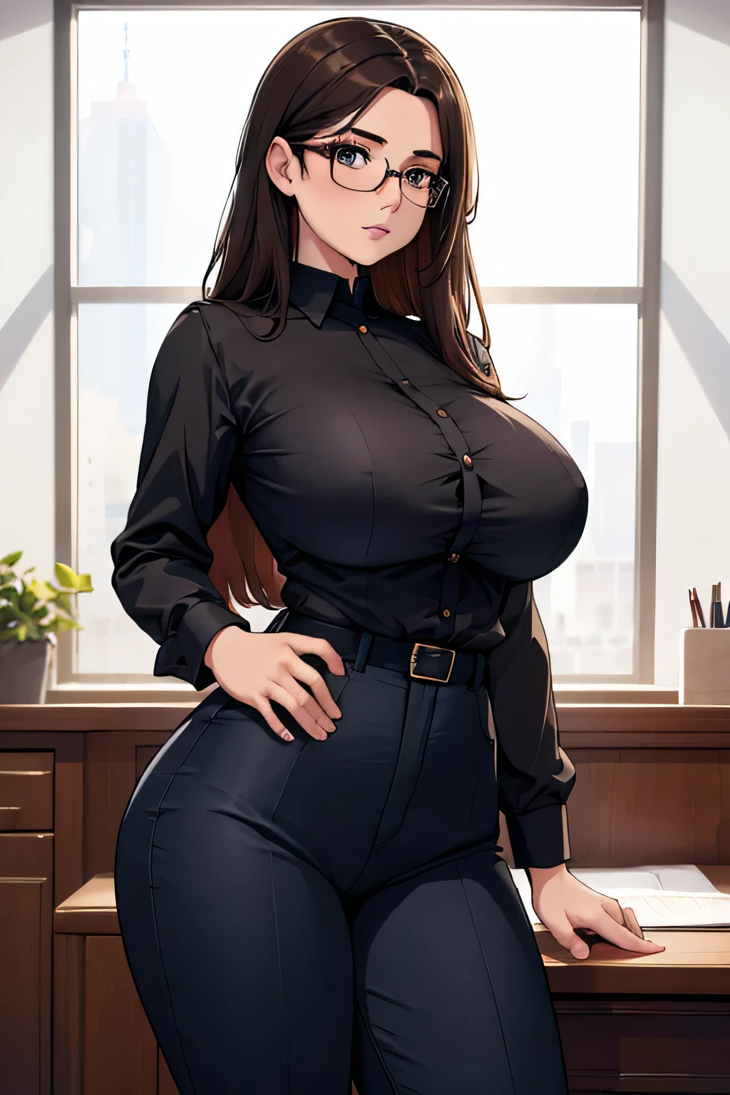 absurdres, high res, ultrasharp, 8K, masterpiece, 1girl, long hair, , no bangs, dark brown hair, curvy huge breasts, glasses, secretary outfit, blue buttoned-up blouse, formal look, tight pants