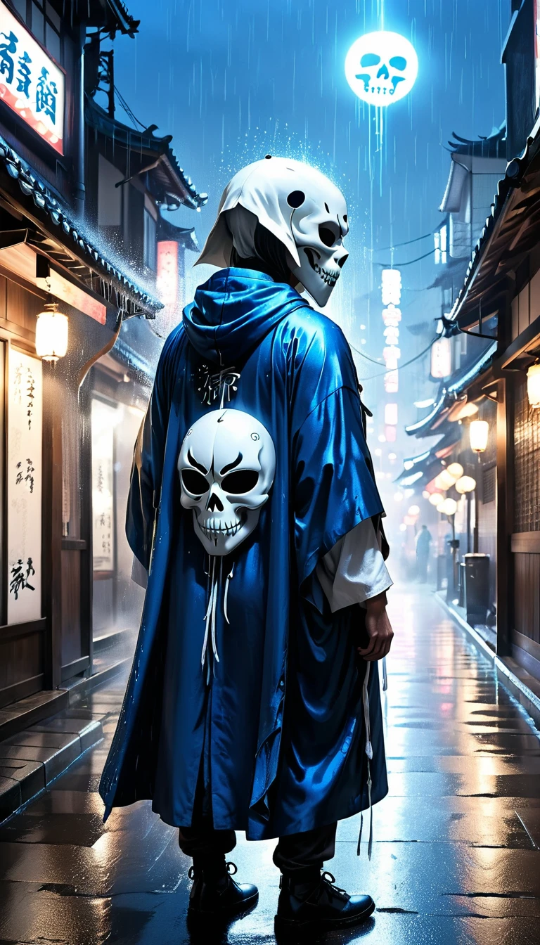 Solitary, 1 boy, permanent, Male focus, It rains in the city, hood, From the back, cloak, Skull wearing white Japanese mask, robe, , Glowing blue