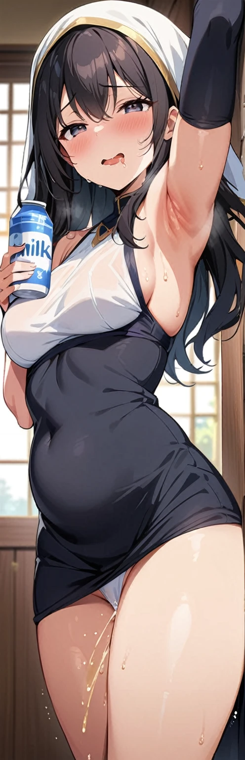 Humaira Arlita Huda, masterpiece, best quality, extremely detailed, anime, belly, , armpit, thigh, peeing, drooling, sweating, seduced, hypnotized, milk, touched, enjoyed, black eyes, black hair, hijab, short, squint eyes