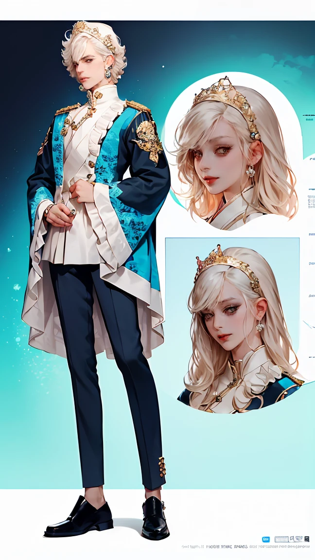 ((full body: 2)),((tachi-e:2.0)), ((character chart:1.5)),((UHD, masterpiece, super detail, best quality, highres, 8k)), (detailed line art), perfect face, Human, about 20 years old, (1 male), (light pink hair:1.0, fluffy hair;1.0, medium hair:1.0, half up:1. 5 ), (image of Pisces, sea, water surface), (light blue and light purple eyes:1.0, (( gradient eyes:1.5)), round eyes, droopy eyes, droopy eyebrows), (light blue shirt, jacket and pants:1.5, (Lolita-style prince outfit:1.5), water surface pattern draping and ruffles:1.0, silver and jeweled ornaments and accessories:1.5), lace-up shoes like the sea), smile