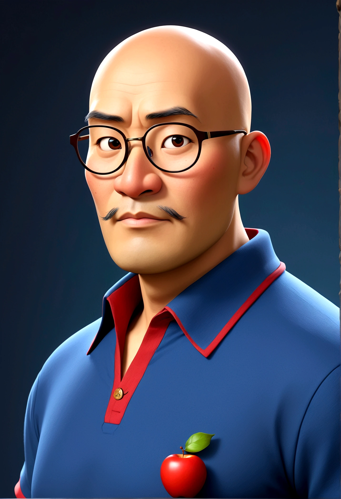 Fifty year old man, Cao Cao, baldie, With glasses, BROWN COLOR, large nose, with hole in the chin, Adam's apple evident, not disney pixar style, wearing a blue polo shirt with a red heart on the left chest, with dark blue jeans