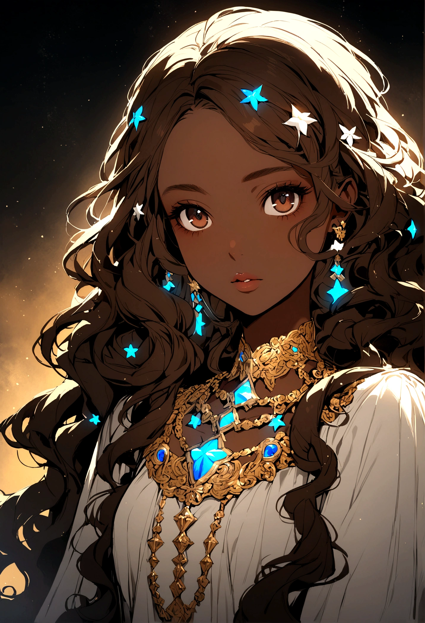 A beautiful girl, big elongated eyes, dark brown eyes, long hair, soft lips, brown skin, hair blue, wavy hair, hair bangs, stars on hair, white tip with light blue, neck chain with a white star, right gaze, glow, fantasy