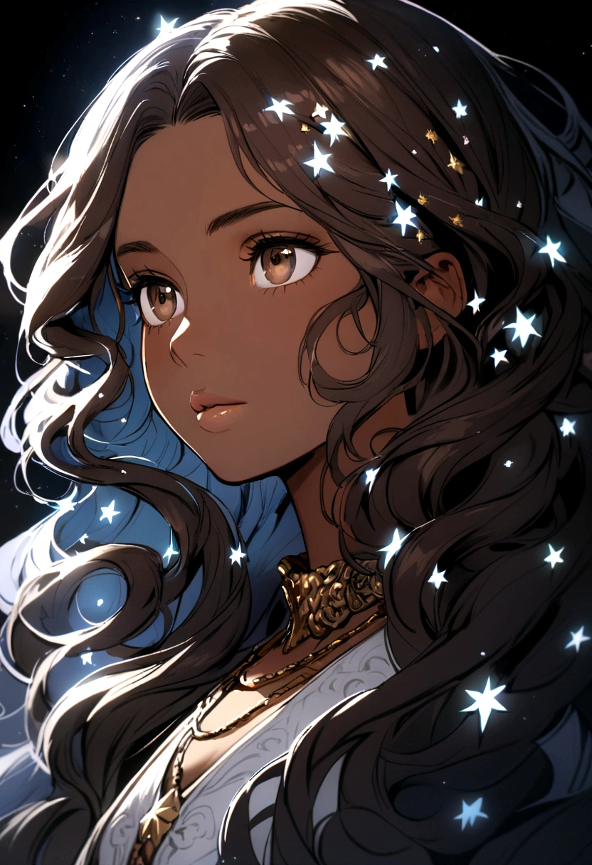 A beautiful girl, big elongated eyes, dark brown eyes, long hair, soft lips, brown skin, hair blue, wavy hair, hair bangs, stars on hair, white tip with light blue, neck chain with a white star, right gaze, glow, fantasy