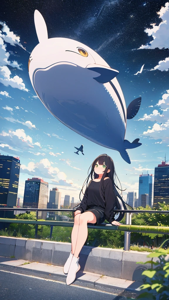 monochrome color、masterpiece, Exquisite detail,Highest quality, One girl, alone, handrail, cloud, Looking up at the buildings,Long Hair, NULL, Long sleeve, Power lines, White footwear, Black Hair, View your viewers, Electric pole, bangs, cloudy NULL, fish, bird, Green Eyes, Shorts, Day, Black Shirt, barefoot,Whale flying in the sky,Giant whale,night,star,milky way,night,Pitch black,Buildings,Sitting