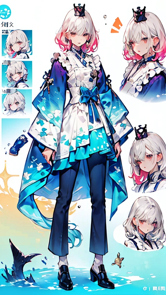 ((full body: 2)),((tachi-e:2.0)), ((character chart:1.5)),((UHD, masterpiece, super detail, best quality, highres, 8k)), (detailed line art), perfect face, Human, about 20 years old, (1 male), (light pink hair:1.0, fluffy hair;1.0, medium hair:1.0, half up:1. 5 ), (image of Pisces, sea, water surface), (light blue and light purple eyes:1.0, (( gradient eyes:1.5)), round eyes, droopy eyes, droopy eyebrows), (light blue shirt, jacket and pants:1.5, (Lolita-style prince outfit:1.5), water surface pattern draping and ruffles:1.0, silver and jeweled ornaments and accessories:1.5), lace-up shoes like the sea), smile