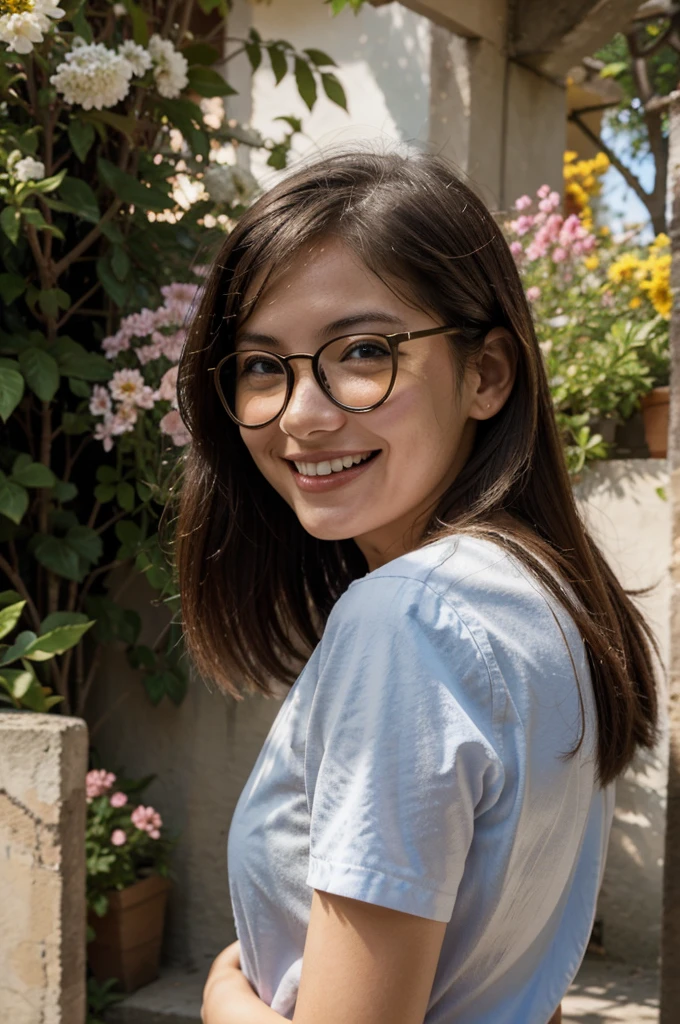 Girl with small eyes in the shade of glasses，Laugh happily，The back is surrounded by many flowers