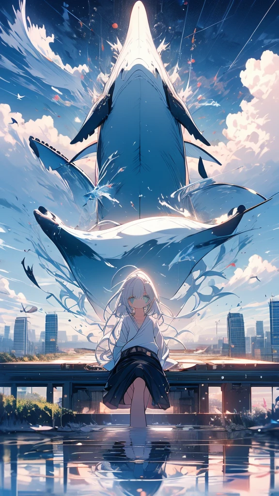 monochrome color、masterpiece, Exquisite detail,Highest quality, One girl, alone, handrail, cloud, Looking up at the buildings,Long Hair, NULL, Long sleeve, Power lines, White footwear, Black Hair, View your viewers, Electric pole, bangs, cloudy NULL, fish, bird, Green Eyes, Shorts, Day, Black Shirt, barefoot,Whale flying in the sky,Giant whale,night,star,milky way,night,Pitch black,Buildings,Sitting