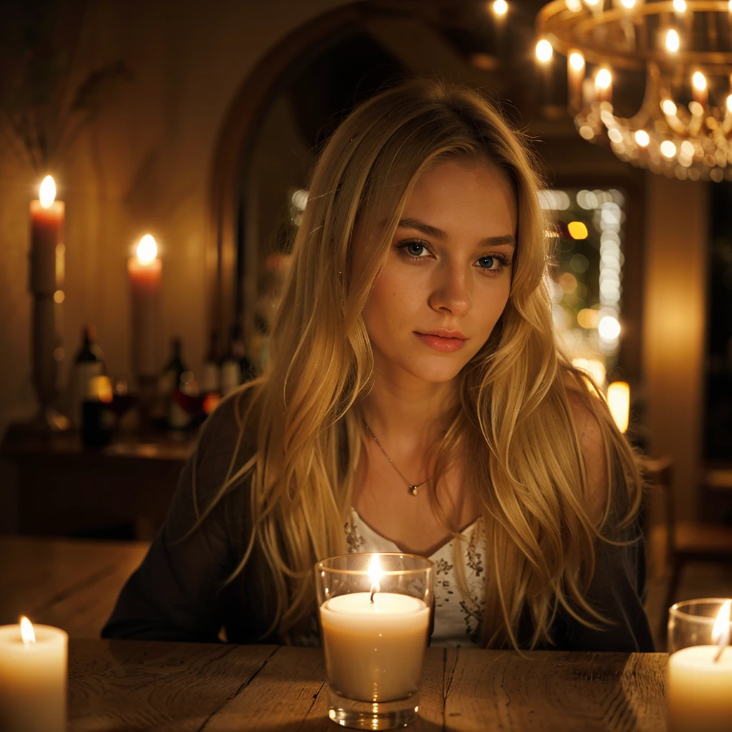 beautiful young girl, long blonde hair, looking at viewer, photorealism dining by candlelight, glass of wine on the table