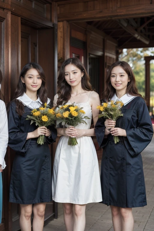Five girls standing together，Holding a bouquet of flowers, Graduation photo,  , Wearing academic dress, postgraduate, Photo taken in 2023, happy 