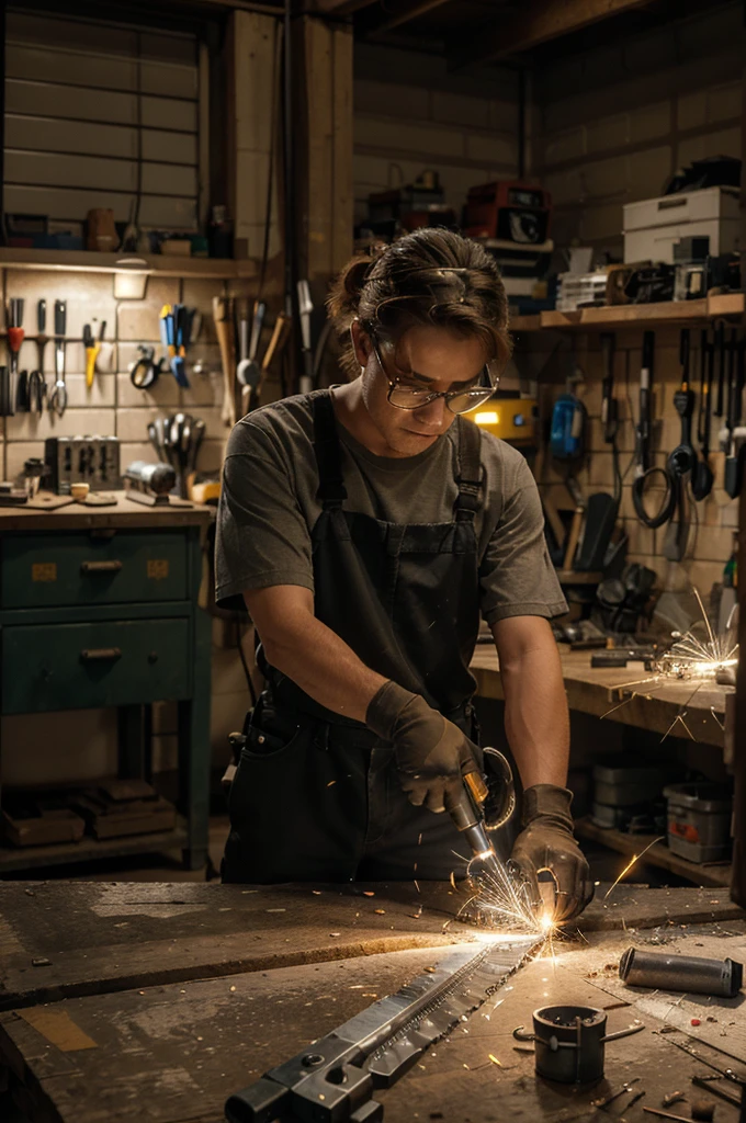 "In a well-equipped workshop, the scene focuses on a workbench where several electrical tools are arranged. At the center, an electric saw is in operation, cutting a piece of wood accurately, sparks flying due to contact with a hidden nail. The saw makes a loud, screeching sound, creating an atmosphere of high tension and concentration. from beside, an electric drill is partially inserted into a piece of metal, with filings falling around. The environment is illuminated by bright lights, that highlight dust particles in the air. Safety equipment, such as protective glasses and gloves, are visibly hanging, emphasizing the importance of safety when using power tools. The scene captures the intensity and focus needed when wielding these powerful tools."