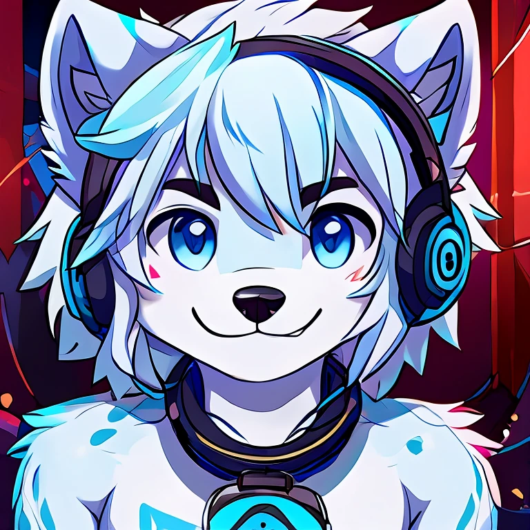 natural arctic fox with gray spots on body and face, white hair with light blue tips, clear blue eyes, smiling, fluffly, a little inclined, naughty man, using gaming headphones, wearing no shirt, stremer
